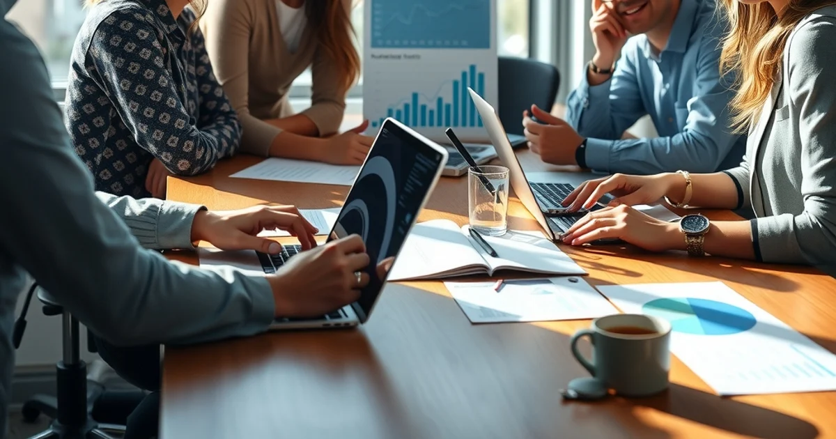 Equipo de marketing digital trabajando colaborativamente en una agencia moderna con portátiles y gráficas de análisis