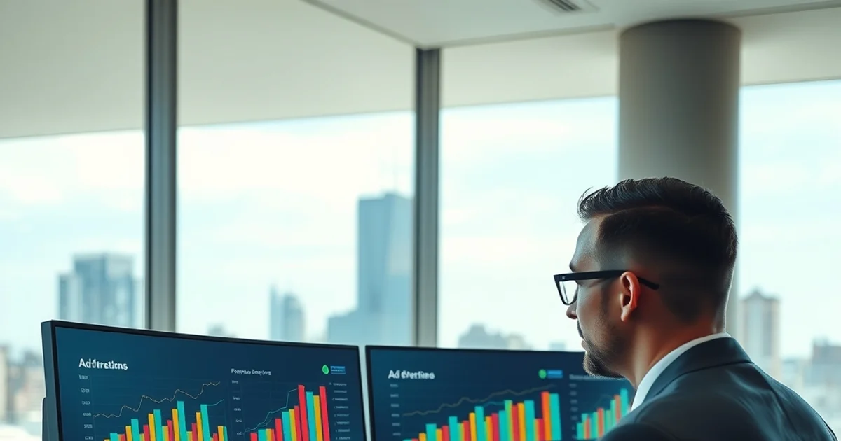 Profesional de marketing analizando métricas de campañas publicitarias digitales en monitores en una oficina moderna
