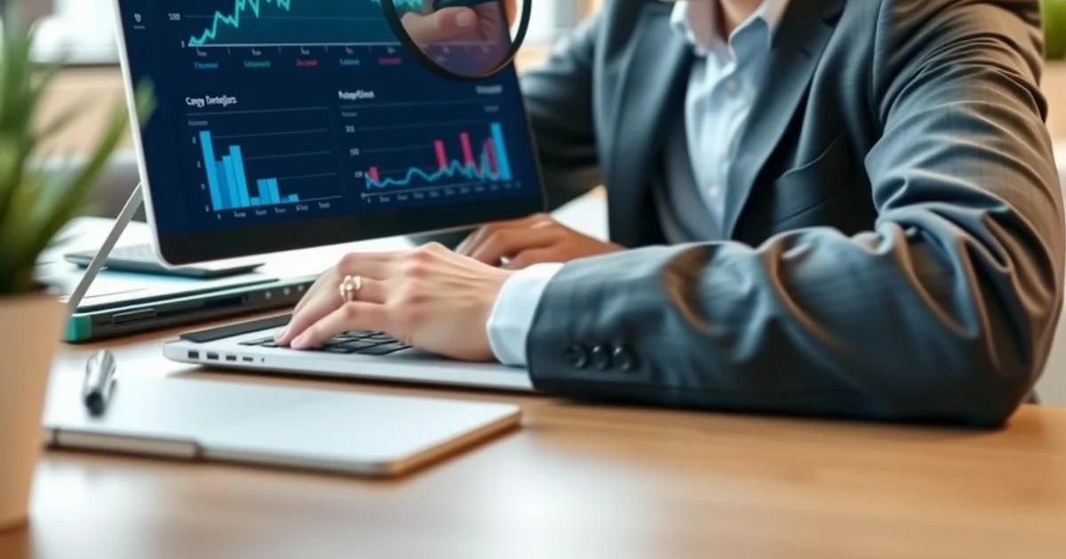 Profesional de marketing analizando métricas SEO en portátil con lupa, simbolizando una auditoría web detallada