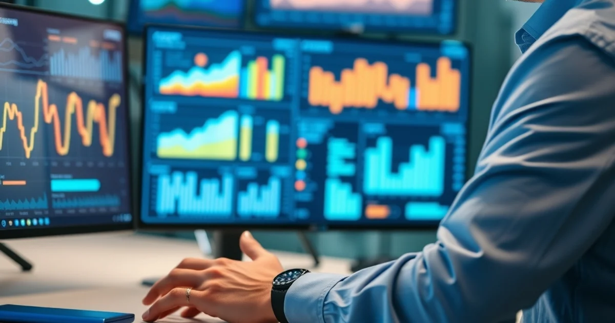 Analista de negocios revisando dashboard digital con gráficas de métricas de marketing en pantallas de oficina moderna
