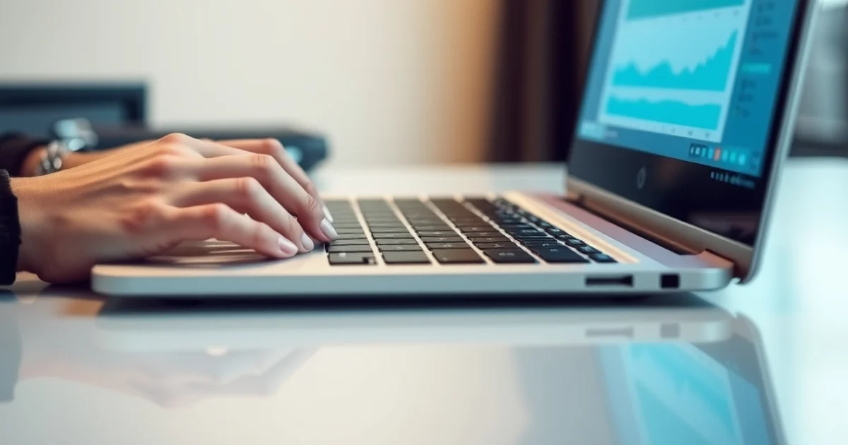 Profesional escribiendo textos de copywriting en laptop con pantalla iluminada en escritorio moderno