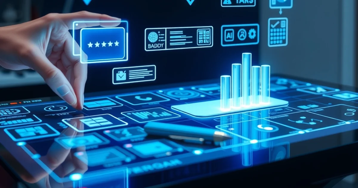 Diseñador organizando componentes de interfaz holográfica en un espacio de trabajo digital moderno con elementos UX flotantes