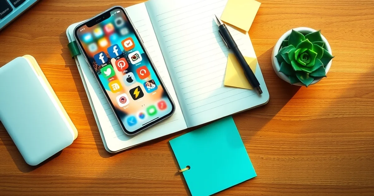 Vista cenital de escritorio con smartphone mostrando redes sociales, libreta abierta, notas adhesivas y planta, luz natural c