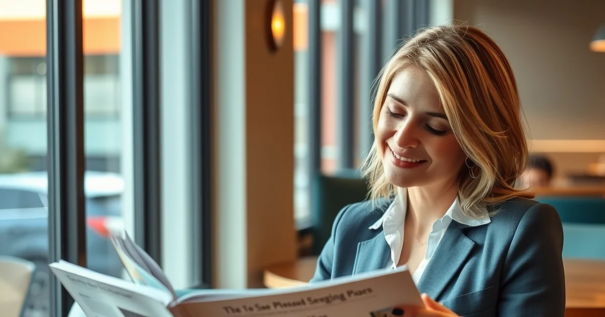 Mujer profesional leyendo contenido relevante en una cafetería moderna, ambiente relajado y sin interrupciones publicitarias