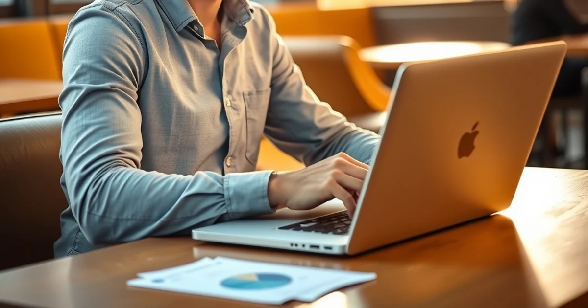 Emprendedor español trabajando con analítica digital en un café moderno de Madrid con luz natural cálida