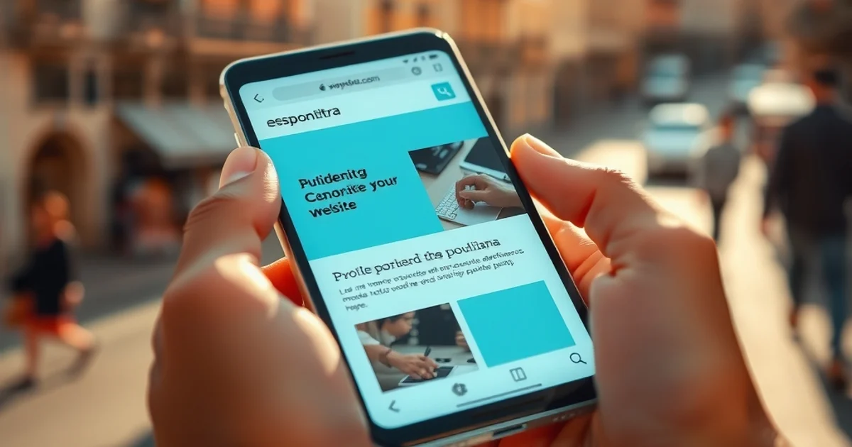 Manos sosteniendo un smartphone con sitio web responsive optimizado para móviles, con ciudad española desenfocada al fondo