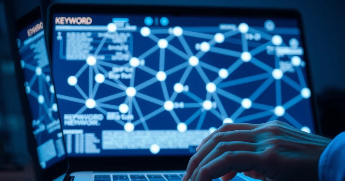 Manos escribiendo en laptop con red de palabras clave interconectadas iluminadas en pantalla, entorno tech minimalista