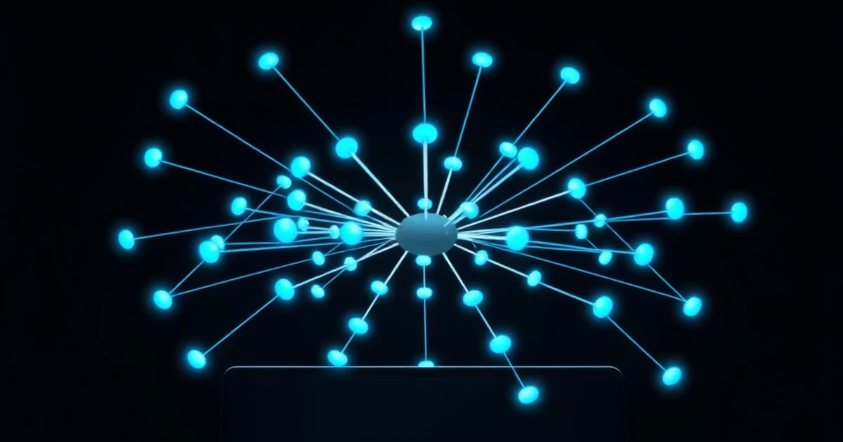 Red de nodos interconectados luminosos sobre un portátil moderno, representando clusters temáticos y pillar pages de SEO con 