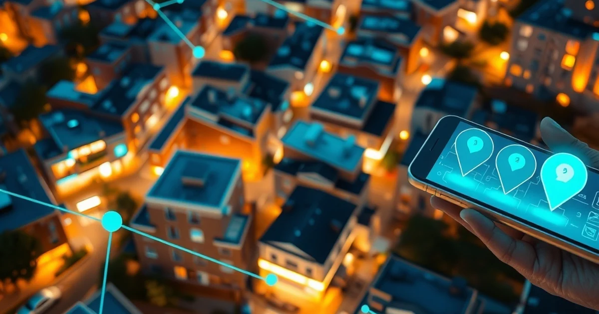 Vista aérea de barrio urbano con red neuronal de IA superpuesta sobre negocios locales y pines de ubicación en smartphone