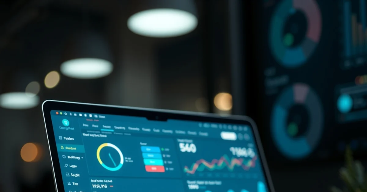 Pantalla de laptop con dashboards de métricas SEO y gráficas de análisis de datos en entorno tecnológico moderno