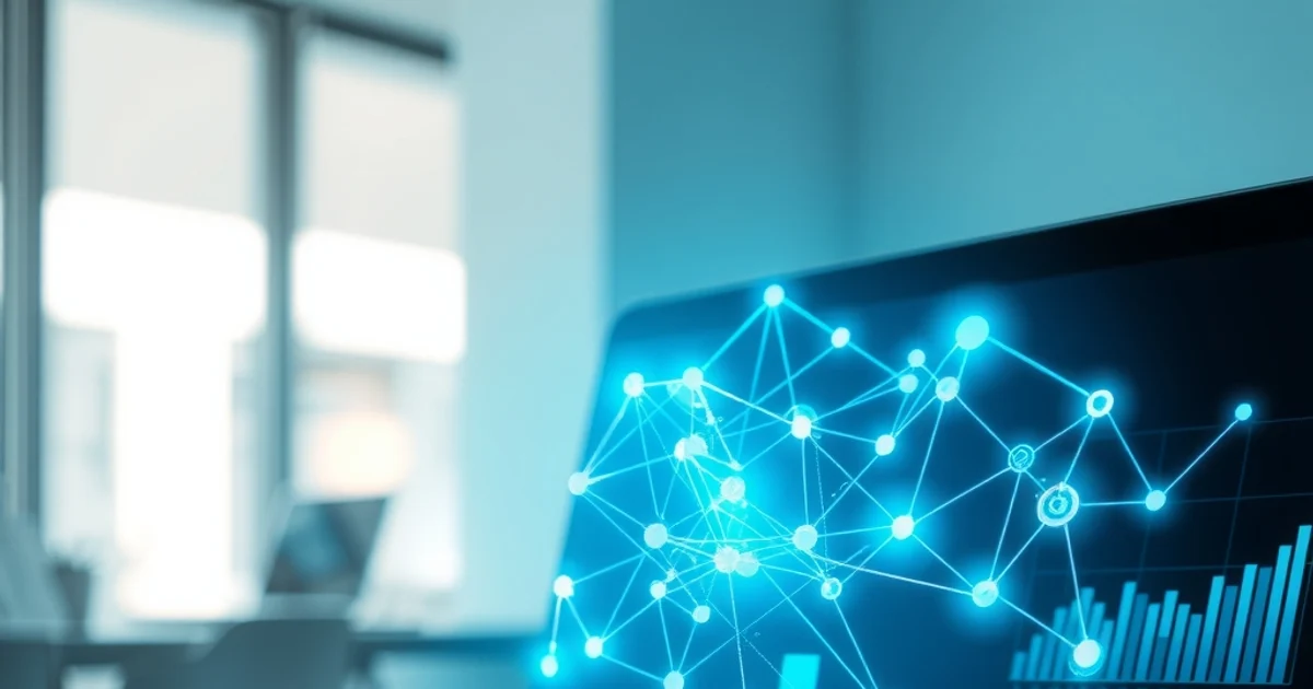 Red neuronal holográfica sobre laptop rodeada de gráficas ascendentes y nodos de datos en luz azul