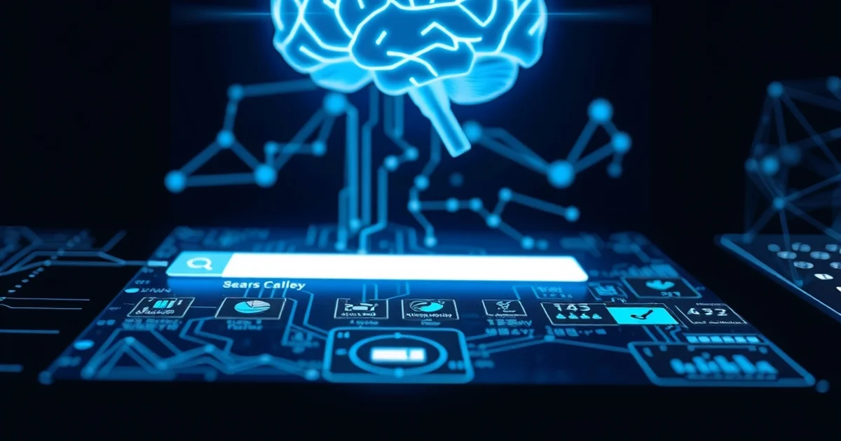 Red neuronal de IA fusionada con lupa digital representando búsqueda inteligente en motores de inteligencia artificial