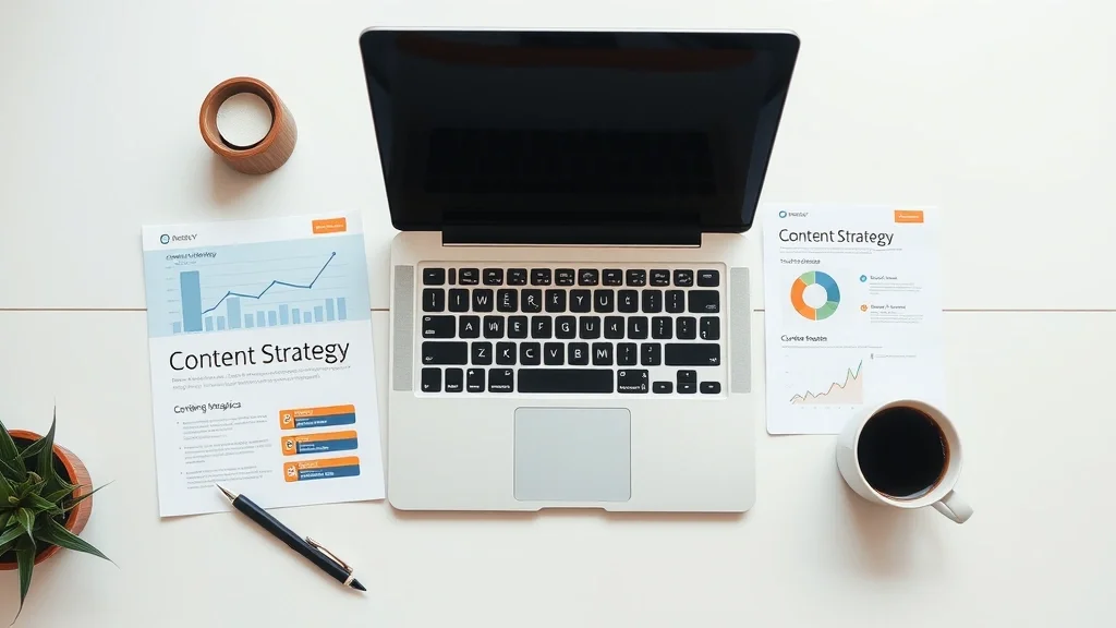 Escritorio profesional con laptop, gráficas SEO y documentos de estrategia de contenido para generar artículos sin copywriter Escritorio profesional con laptop, gráficas SEO y documentos de estrategia de contenido para generar artículos sin copywriter