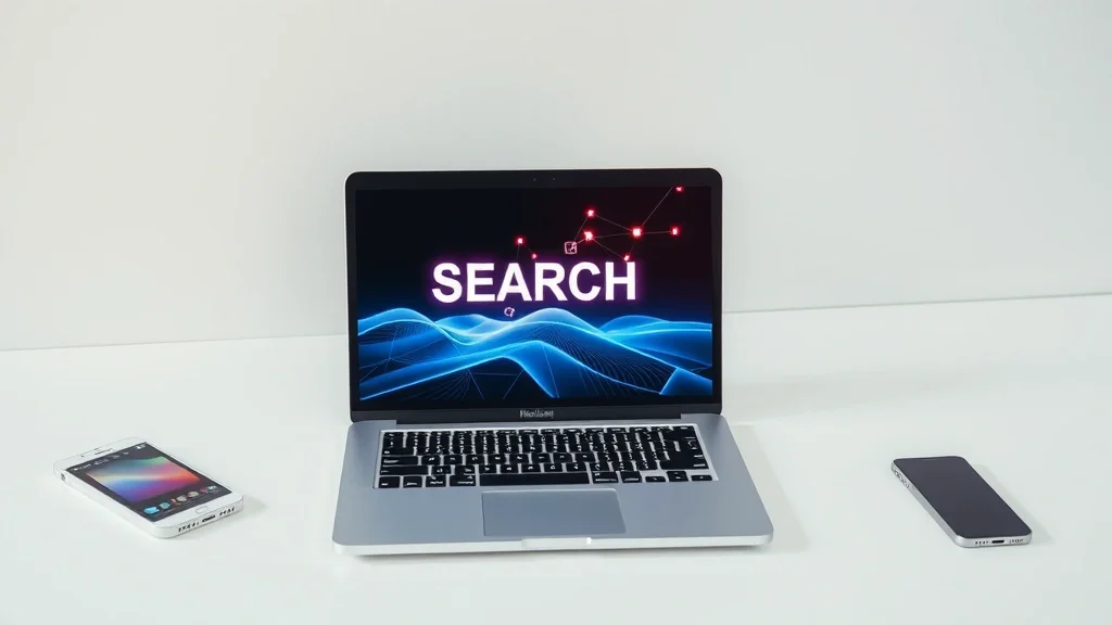 Laptop con interfaz de búsqueda de IA y nodos de datos flotantes sobre escritorio blanco moderno Laptop con interfaz de búsqueda de IA y nodos de datos flotantes sobre escritorio blanco moderno