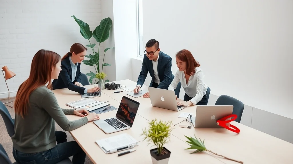 Equipo de agencia trabajando eficientemente en producción de contenido SEO en un espacio de trabajo moderno y ordenado Equipo de agencia trabajando eficientemente en producción de contenido SEO en un espacio de trabajo moderno y ordenado