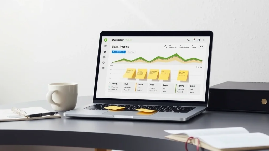 Escritorio corporativo con laptop mostrando un panel de seguimiento de leads y presupuestos automatizado