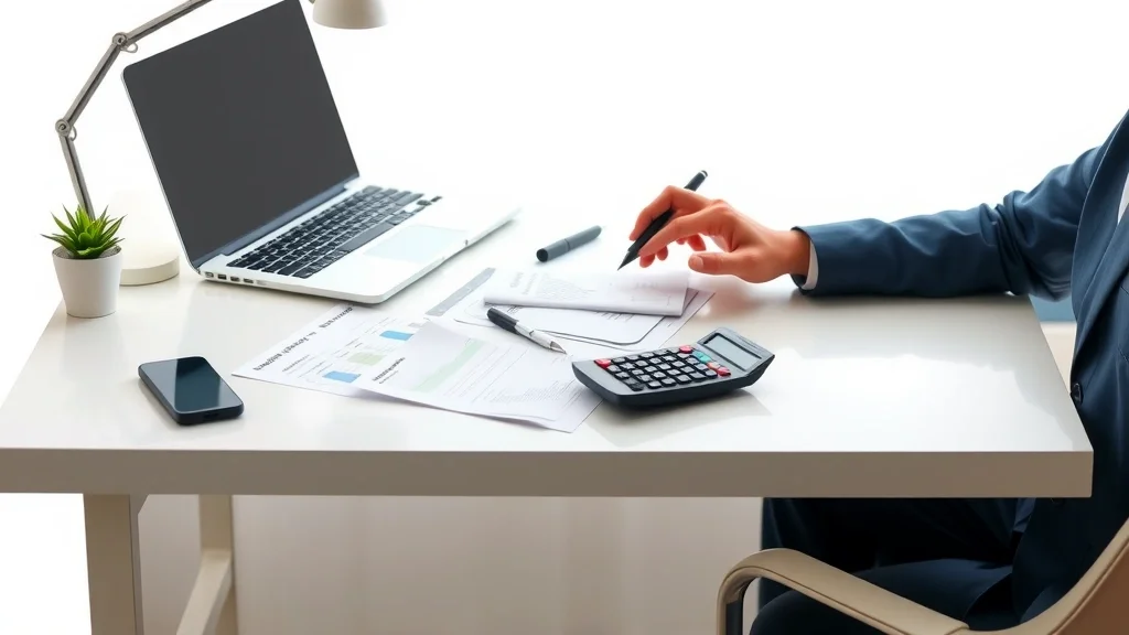 Autónomo gestionando su contabilidad en un escritorio ordenado con laptop y documentos financieros