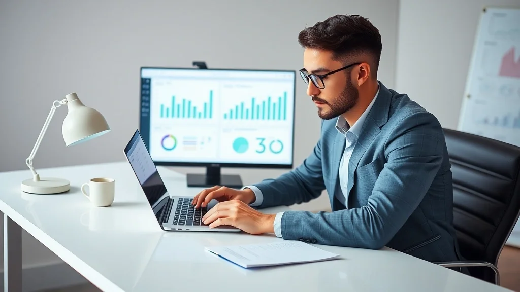 Empresario de pyme analizando opciones de software de gestión empresarial en un portátil sobre escritorio moderno