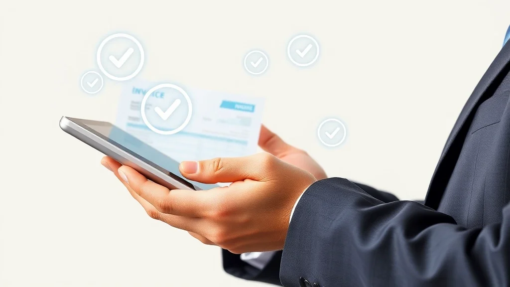 Empresario revisando documentos de facturación digital con símbolos de verificación, ilustrando el reglamento VERI*FACTU