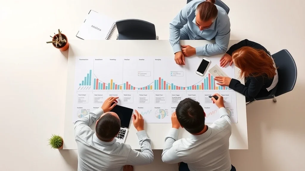 Equipo empresarial español desarrollando estrategias de marketing digital con gráficos y dispositivos sobre mesa de trabajo