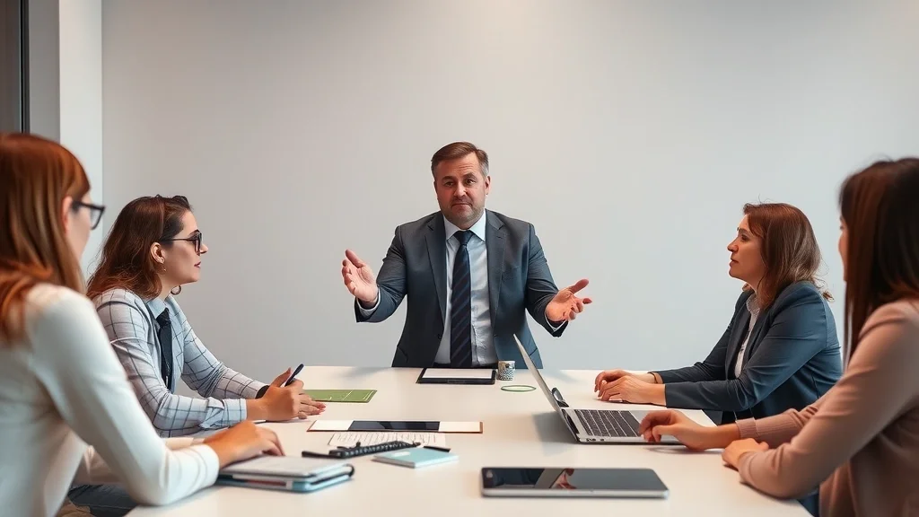Consultor de transformación digital asesorando a equipo de pyme en oficina moderna con dispositivos tecnológicos