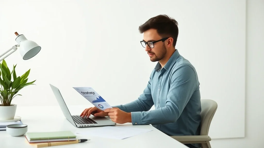 Freelancer revisando estrategia digital en laptop sobre escritorio moderno y ordenado con iluminación suave