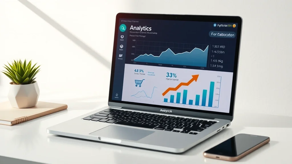 Portátil con panel de analítica digital y gráficos de ventas en escritorio minimalista para marketing online