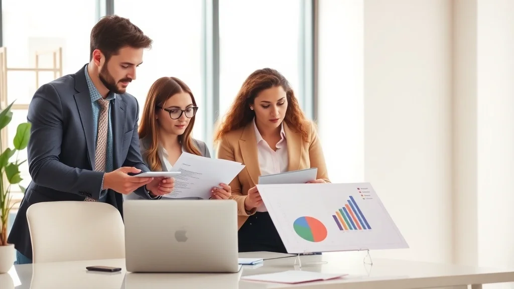 Equipo de pequeña empresa trabajando con una agencia de marketing digital en España en una oficina moderna
