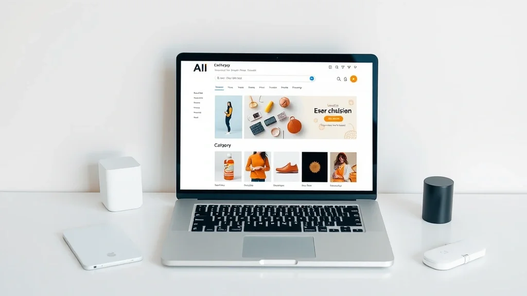 Laptop con página de categorías de tienda Shopify y herramienta de IA para generar descripciones SEO optimizadas