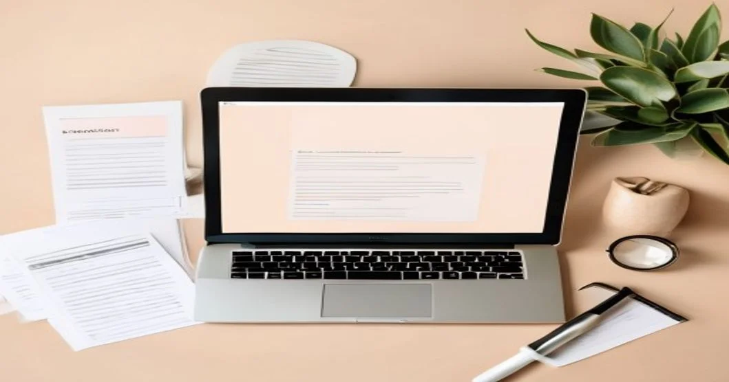 Portátil con tienda Shopify rodeado de documentos de estrategia SEO y planificación de contenido editorial