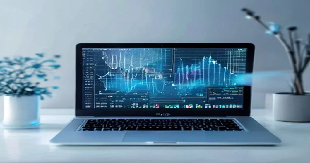Portátil con gráficos de datos y redes neuronales representando la mejora del CTR orgánico con títulos generados por IA