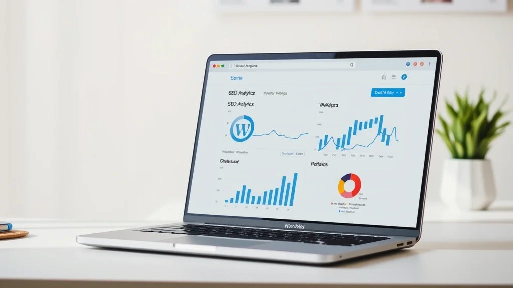 Portátil con panel de WordPress y métricas SEO para publicación automática de artículos optimizados