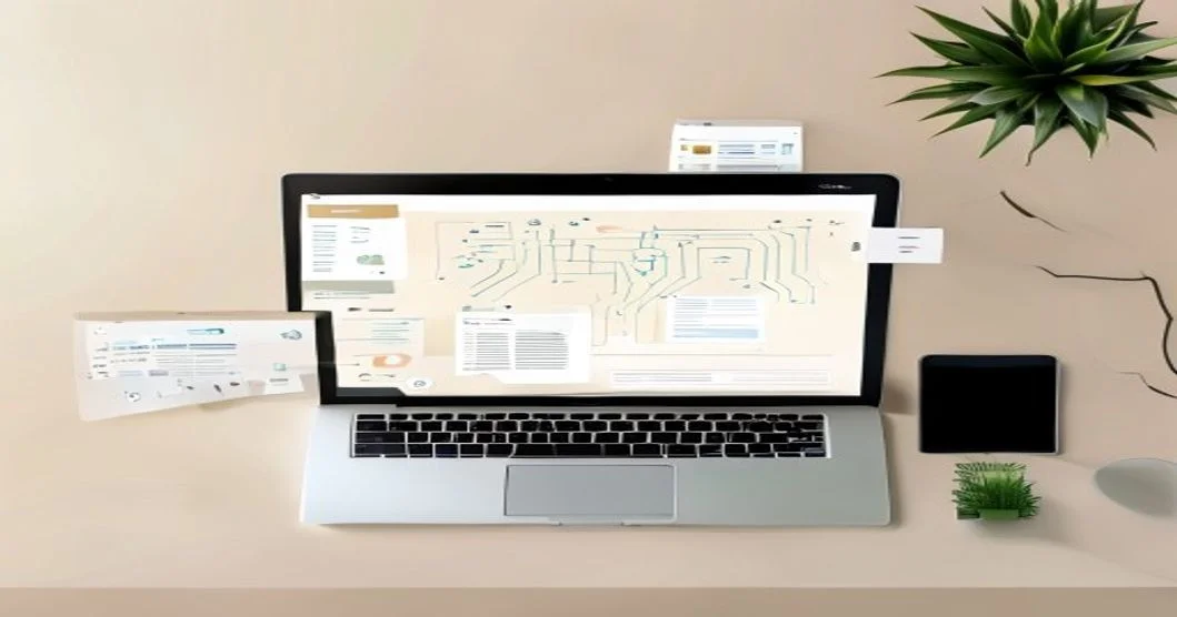Laptop con panel de tienda online y elementos de inteligencia artificial simbolizando la integración de contenido automatizado con Shopify