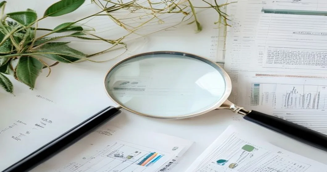 Lupa sobre documentos de investigación de palabras clave y gráficos de análisis sobre escritorio blanco Lupa sobre documentos de investigación de palabras clave y gráficos de análisis sobre escritorio blanco